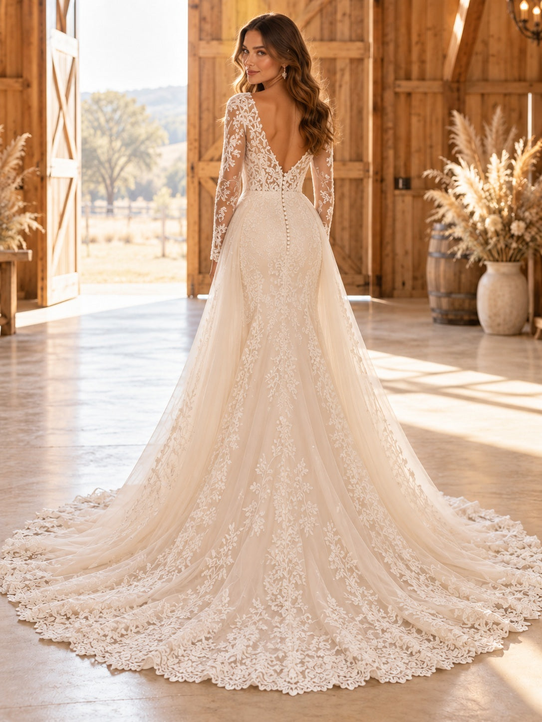 Long Sleeve Western V-neck Floral Lace Corset Fitted Chapel Train Wedding Dress — back view