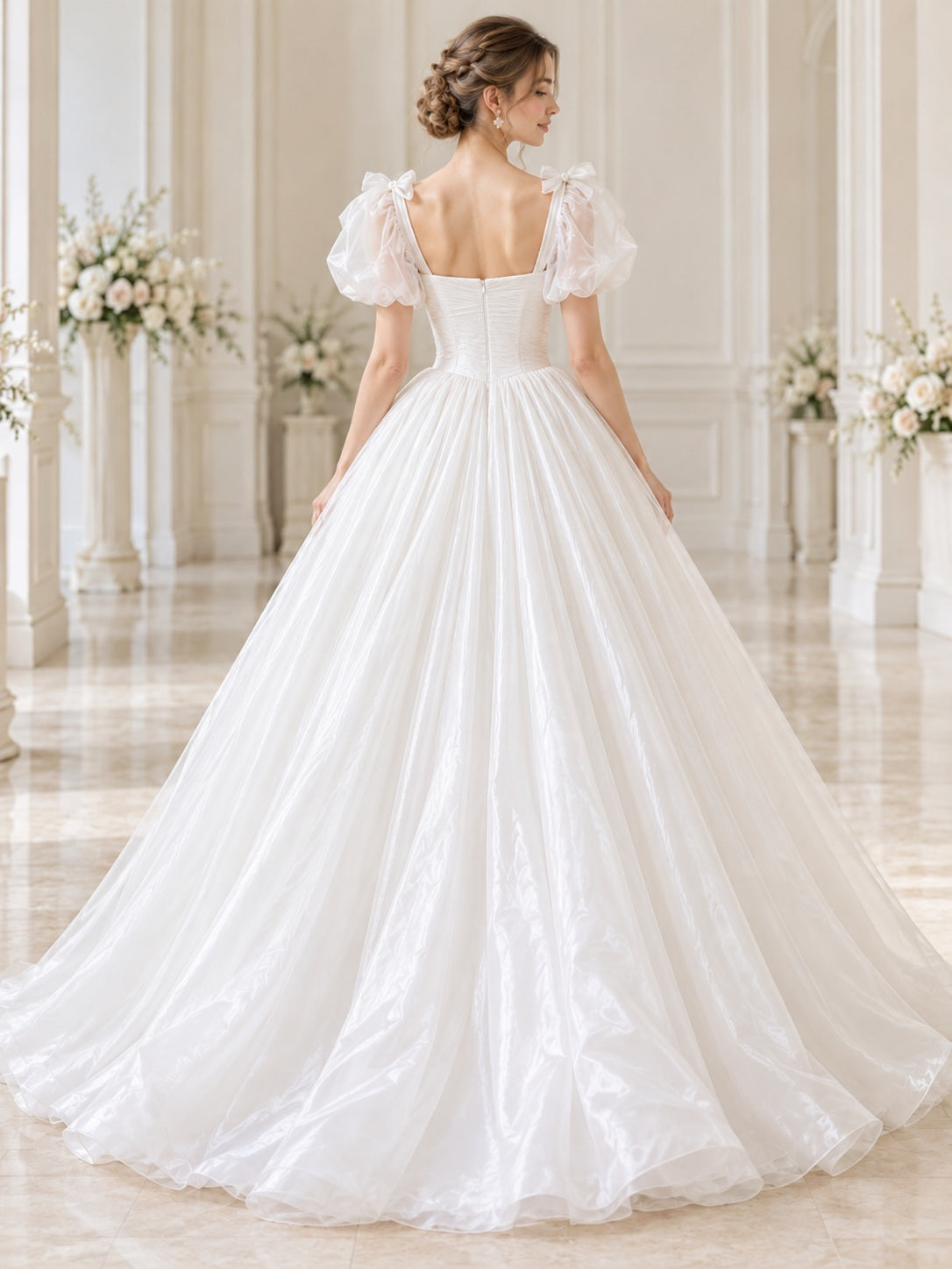 Simple Square Neck Puff Sleeve Ruched Bodice Full A-line Organza Train Wedding Dress — back view