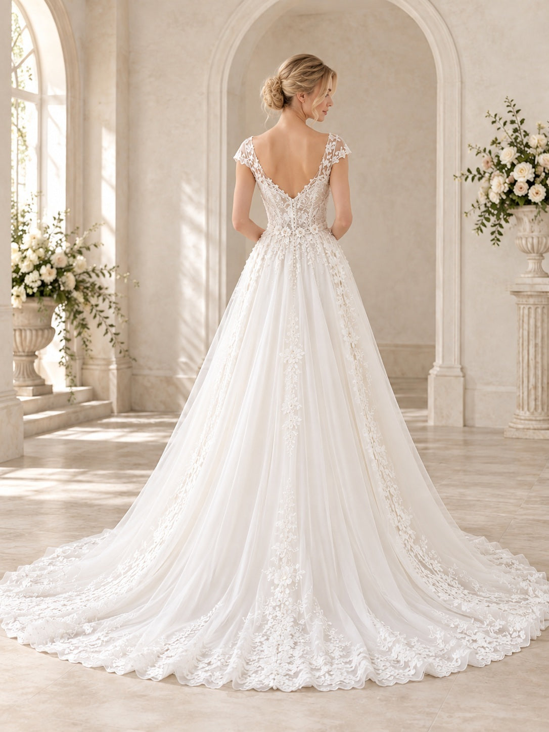 Herzförmiger Ausschnitt, florale Spitze, Flügelärmel, betonte Taille, A-Linie, Chiffon, Kapellenschleppe, Brautkleid