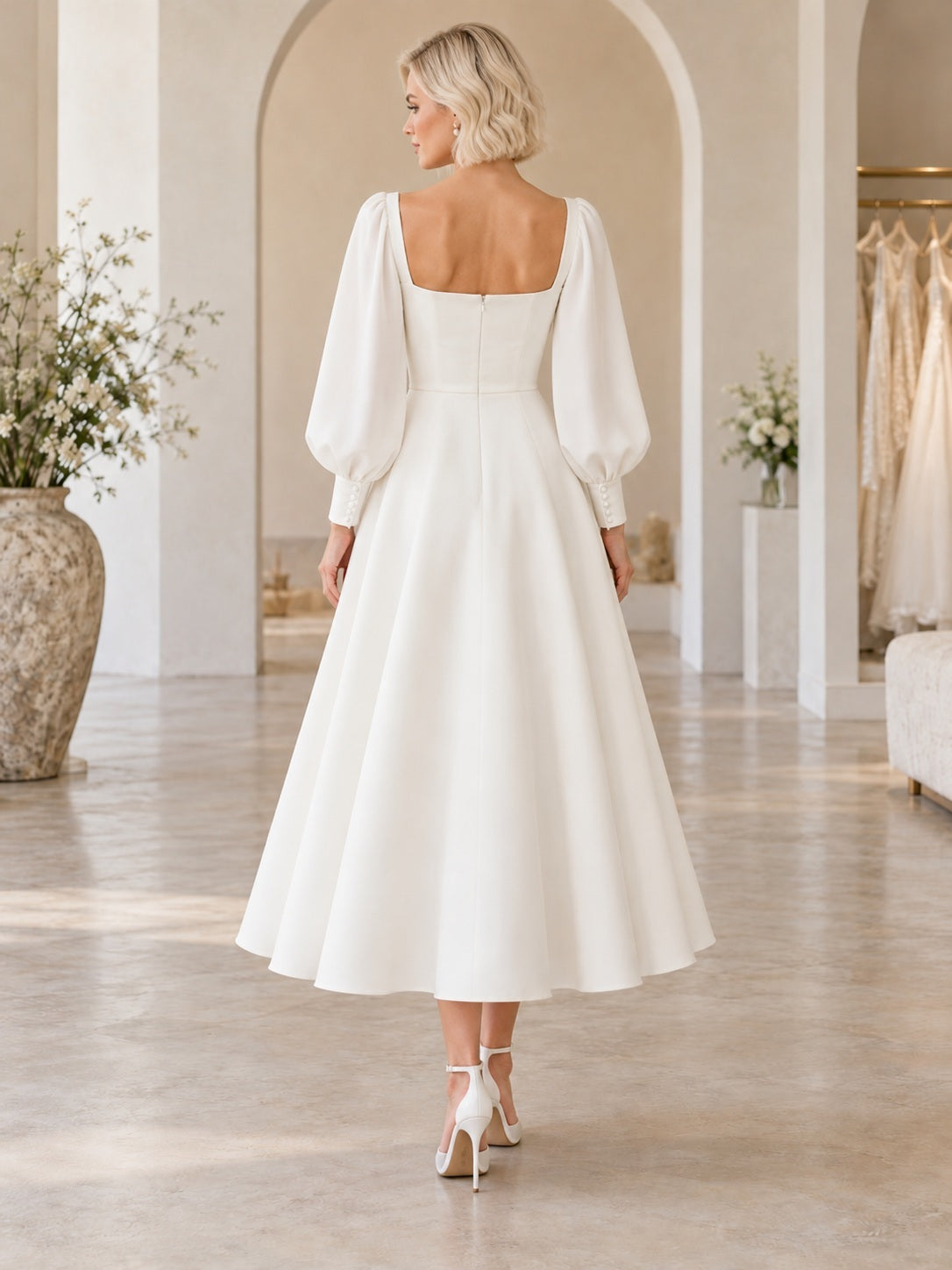 Schlichtes, knielanges, komplett aus Satin gefertigtes Brautkleid mit eckigem Ausschnitt und langen Puffärmeln