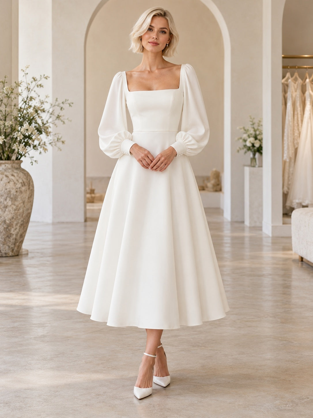 Schlichtes, knielanges, komplett aus Satin gefertigtes Brautkleid mit eckigem Ausschnitt und langen Puffärmeln