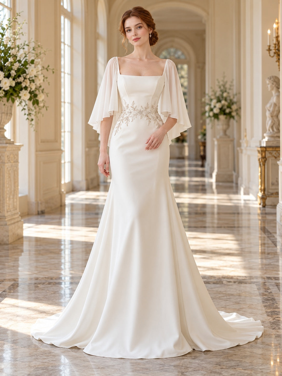 Simple Square Neck Floral Embroidered Waist Cape Sleeve Slim Satin Wedding Gown — front view