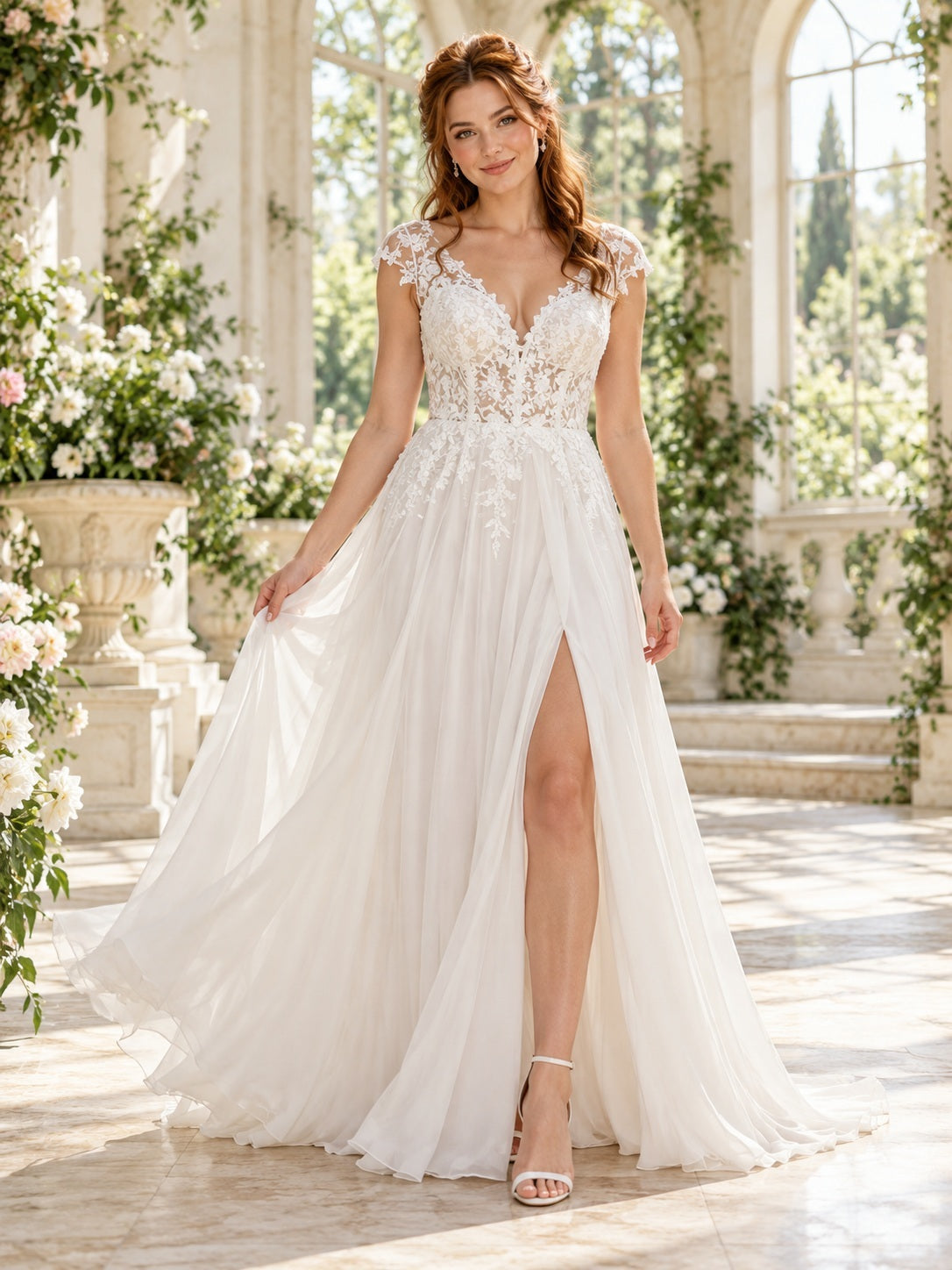 Robe de mariée en mousseline fluide fendue, avec corsage en dentelle florale, col en V et mancherons