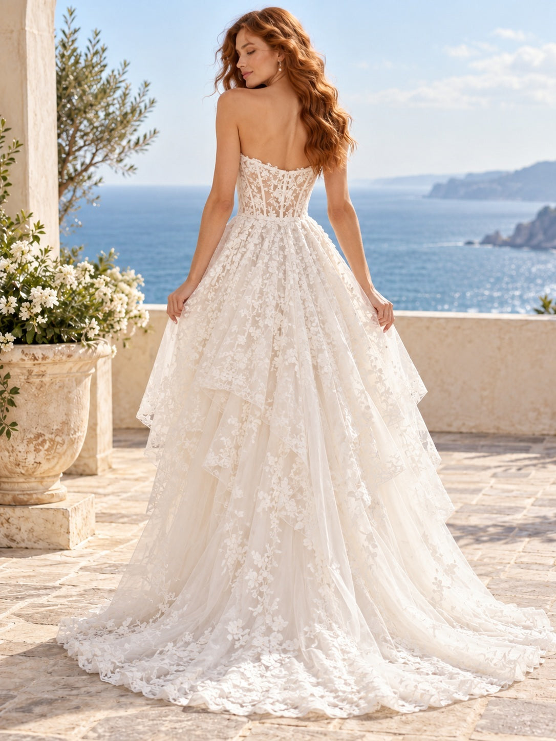 High-low Sweetheart Strapless Corset Floral Lace Tiered Full Bridal Wedding Gown — back view