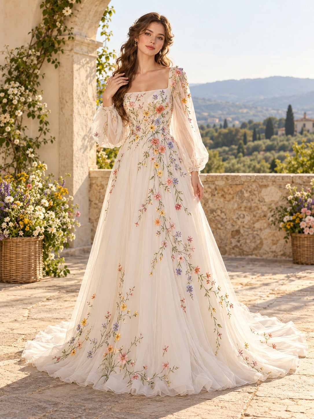 Rosa Brautkleid mit quadratischem Ausschnitt, langen Bischofsärmeln und Wildblumenstickerei