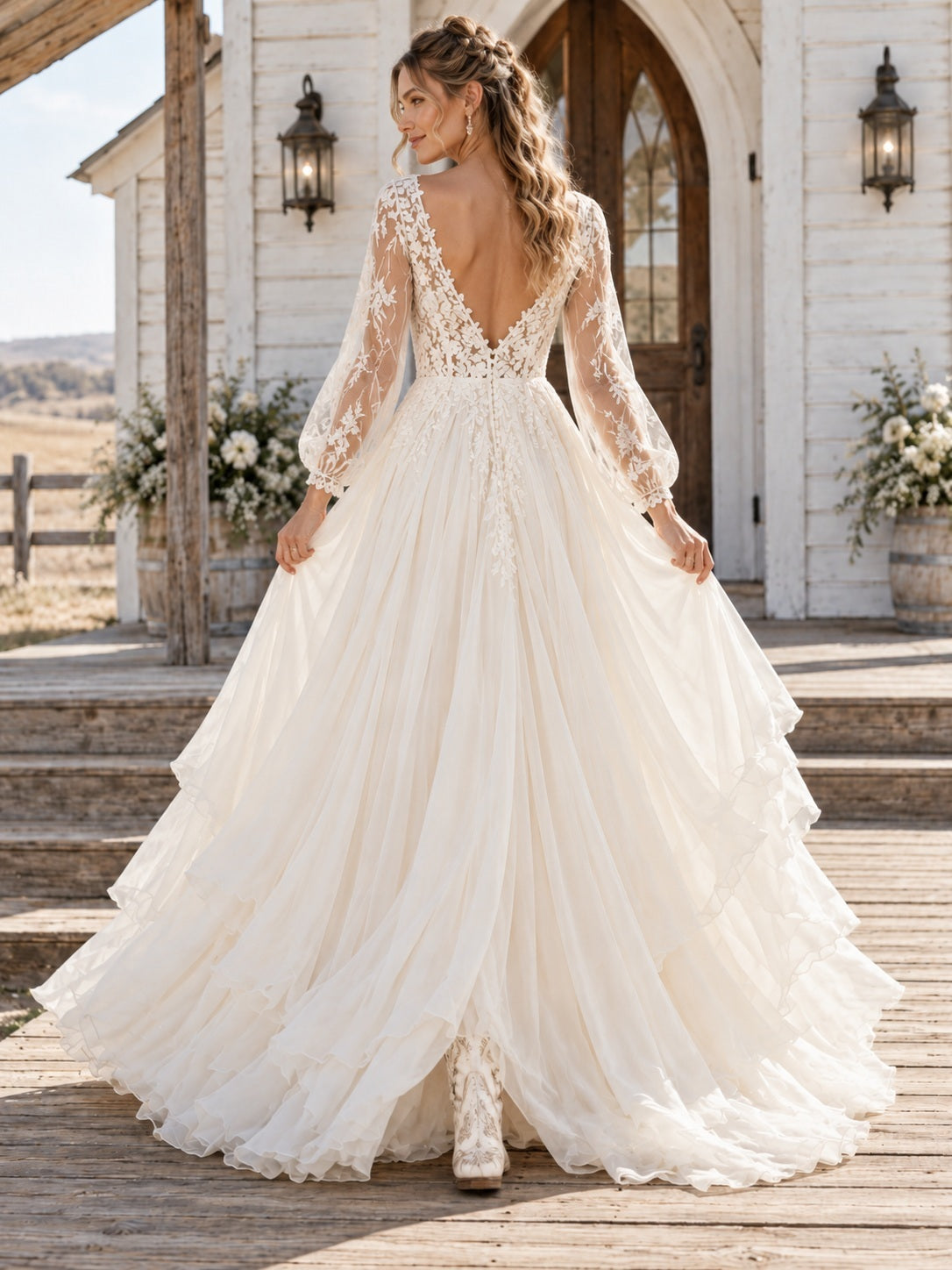 Robe de mariée longue en mousseline, à manches longues, col en V, dentelle, manches bouffantes, superposée et fendue