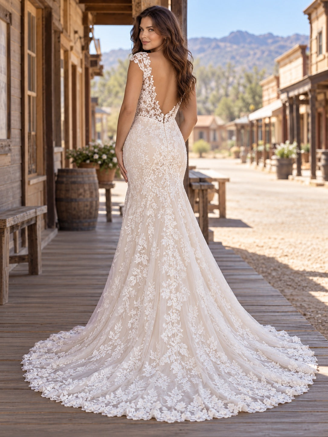 Robe de mariée romantique sirène en dentelle, à manches courtes, col V et fente, avec traîne en pointe.