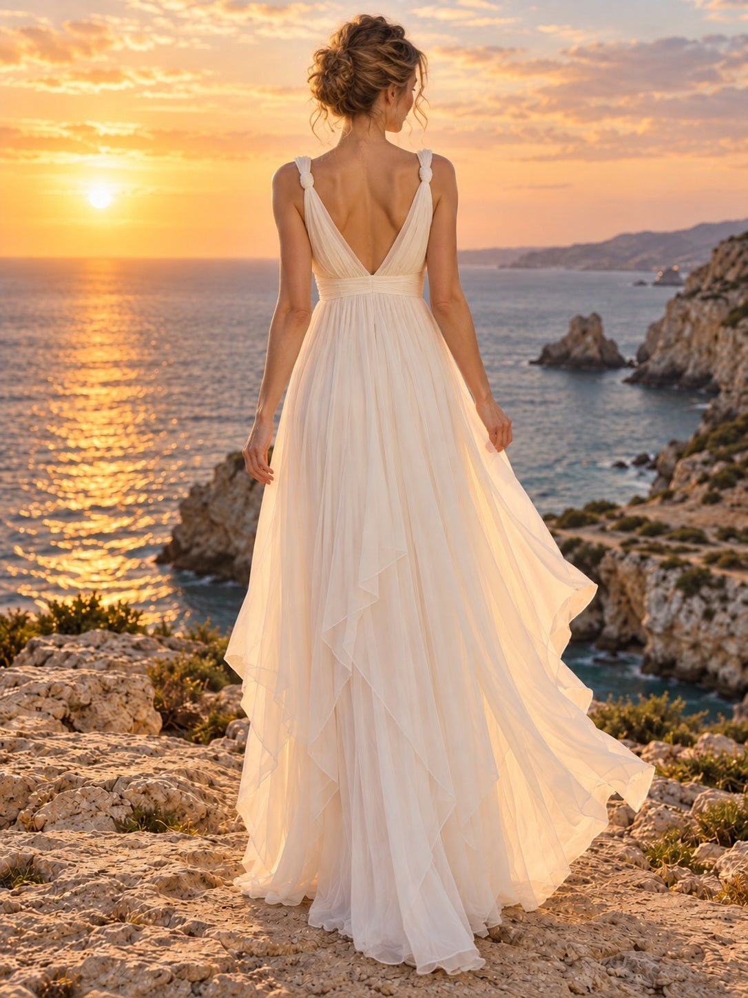 Robe de mariée simple style empire, col en V, à bretelles, en mousseline, asymétrique et fluide