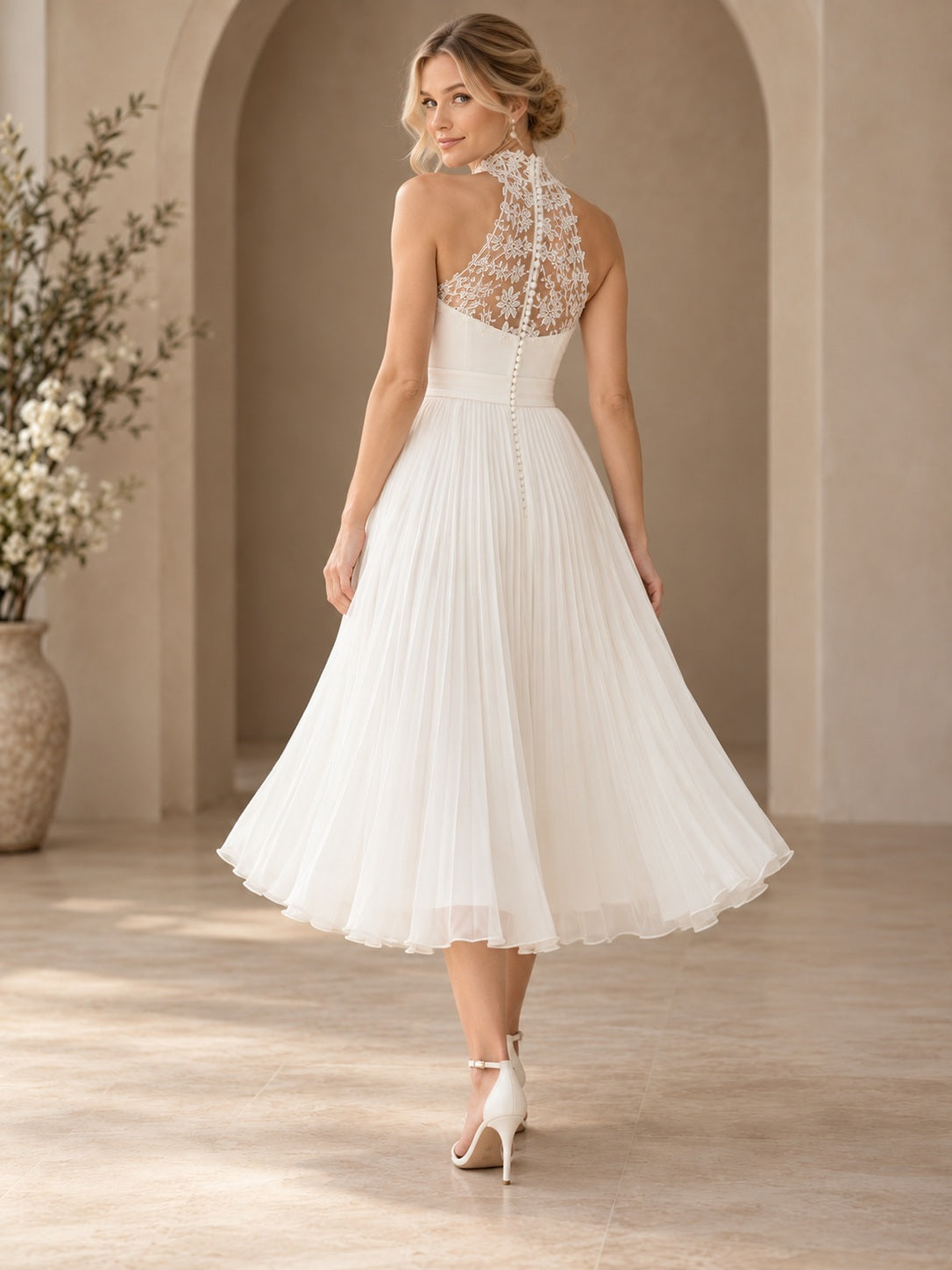 Tea-length High Neck Vintage Halter Lace Satin Chiffon Wedding Dress — back view