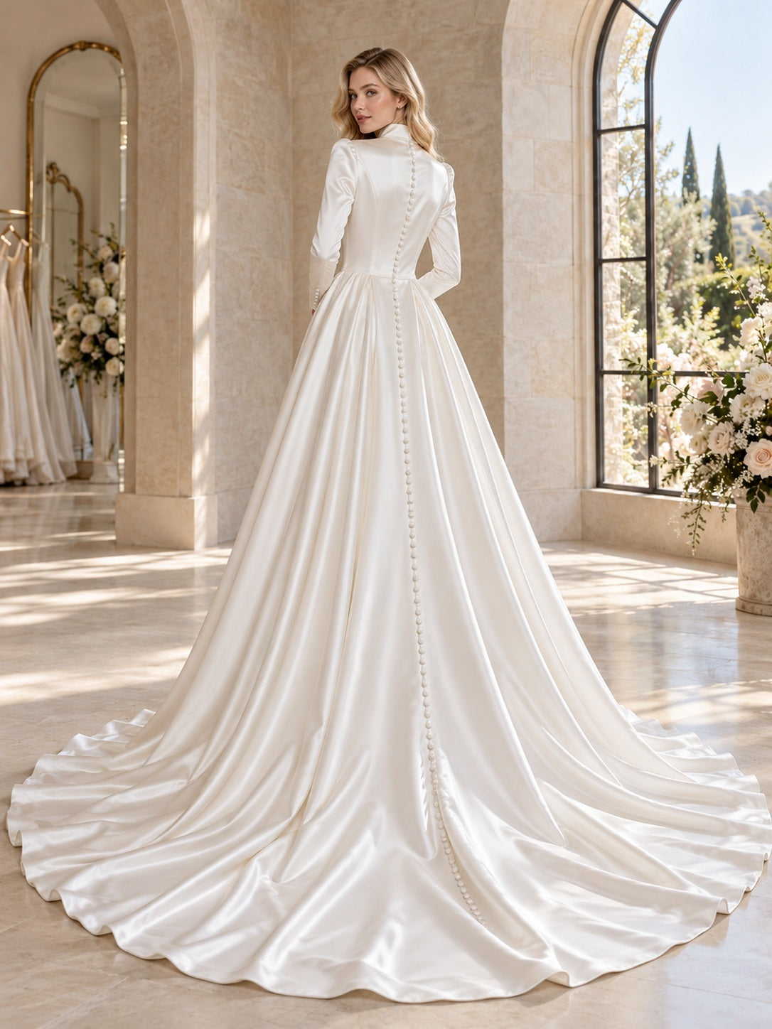 Robe de mariée trapèze en satin, simple et sobre, à manches longues, col montant et jupe plissée avec traîne chapelle