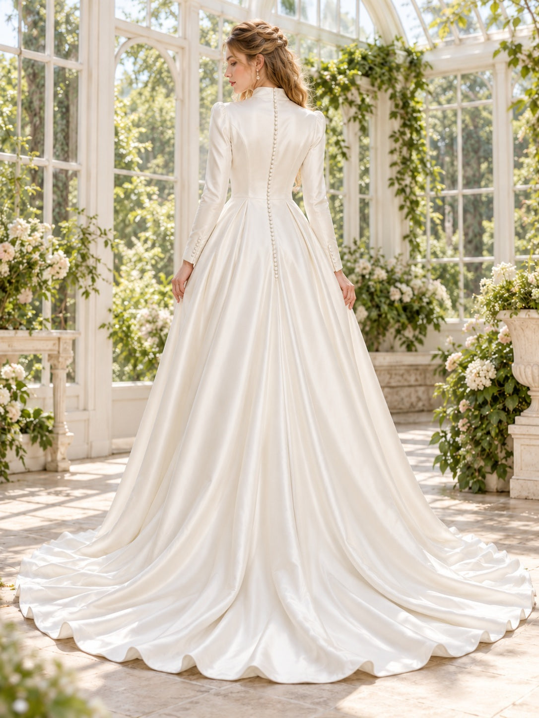 Schlichtes, dezentes, fließendes A-Linien-Brautkleid aus Satin mit langen Ärmeln und hohem Kragen