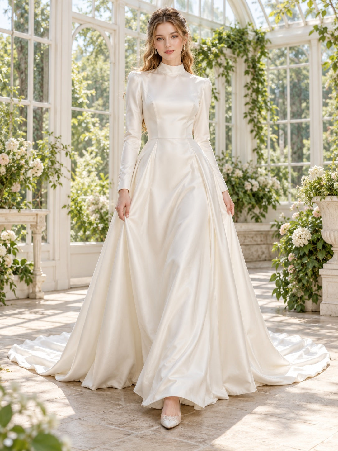 Schlichtes, dezentes, fließendes A-Linien-Brautkleid aus Satin mit langen Ärmeln und hohem Kragen