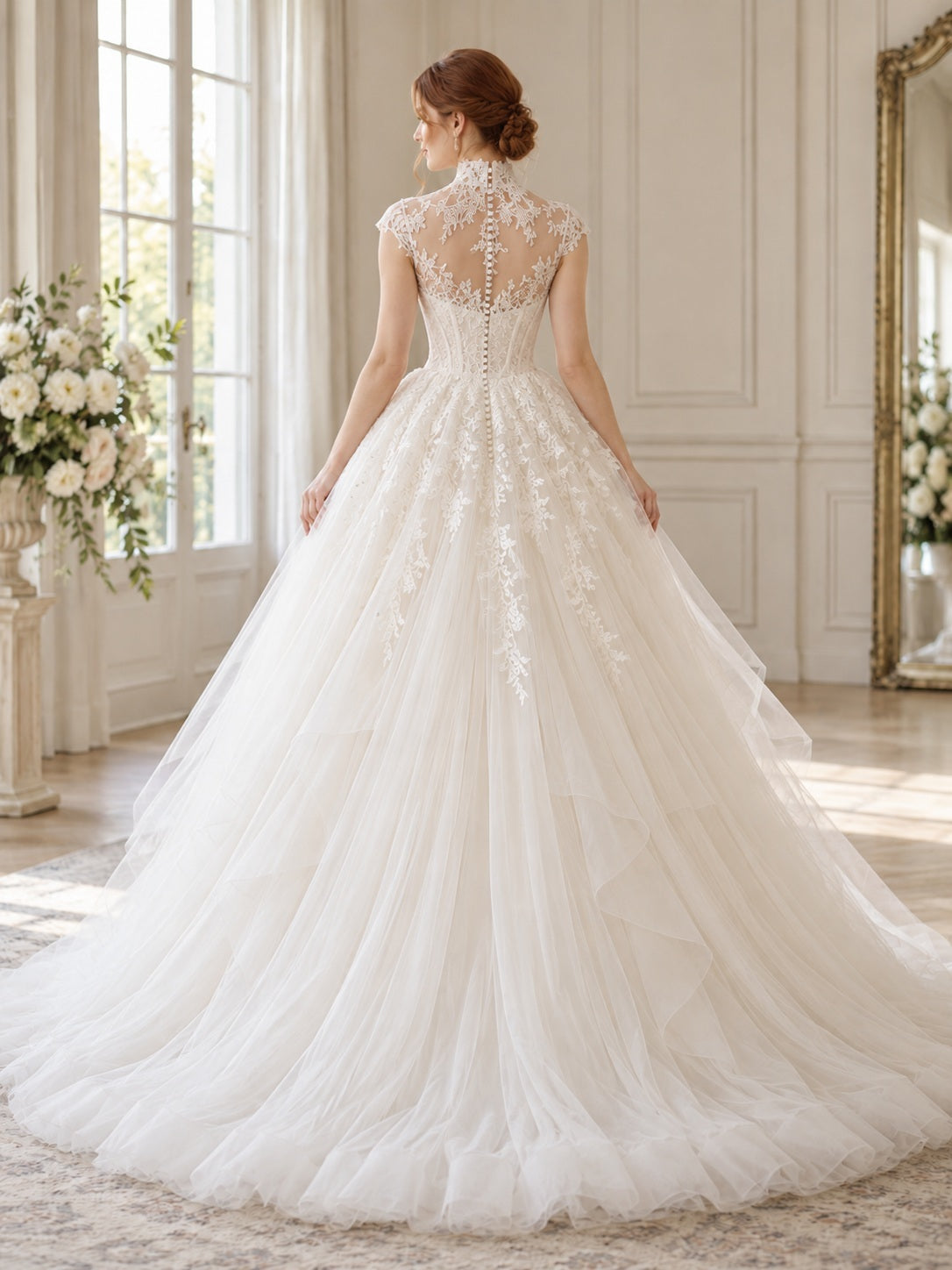 Robe de mariée de style princesse à col montant, ornée de dentelle florale, avec mancherons et jupe en tulle volumineuse, traîne chapelle