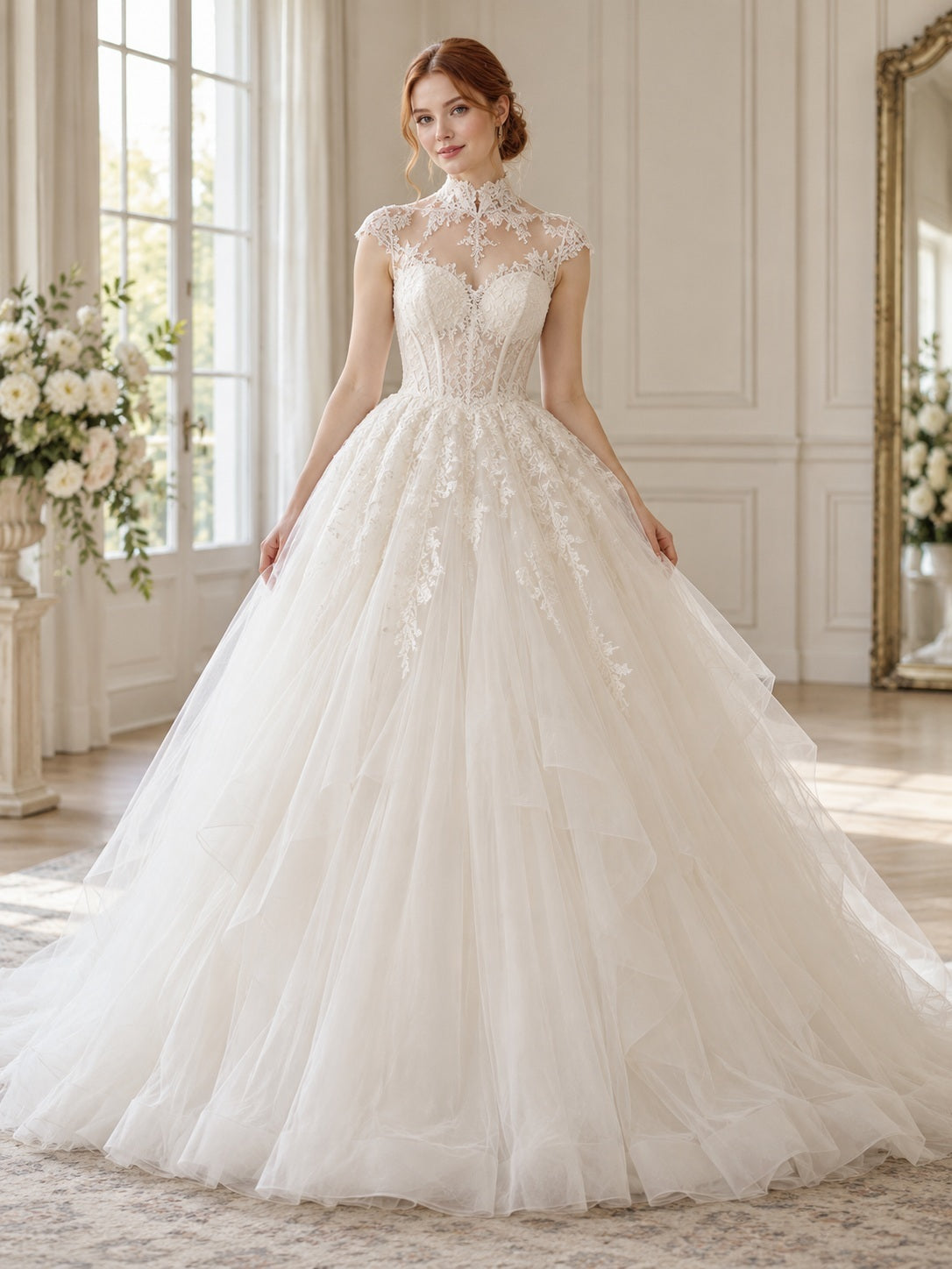 Robe de mariée de style princesse à col montant, ornée de dentelle florale, avec mancherons et jupe en tulle volumineuse, traîne chapelle