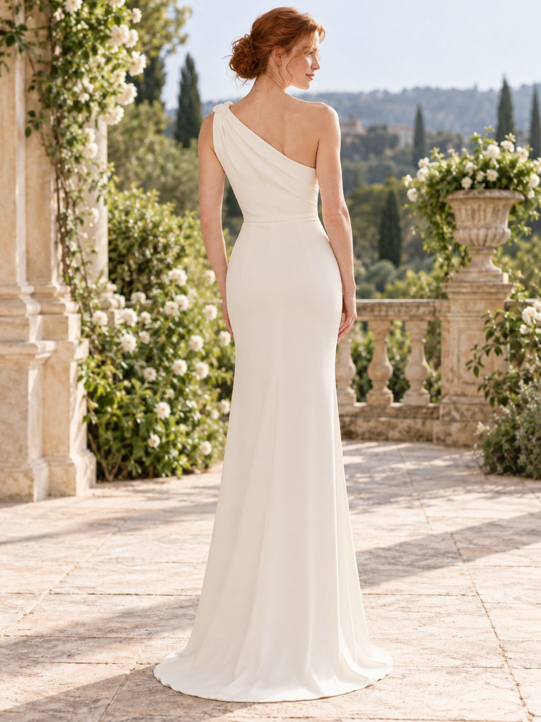 Simple Modern One-Shoulder Pleated Crepe Fitted Column Floor Wedding Dress — back view
