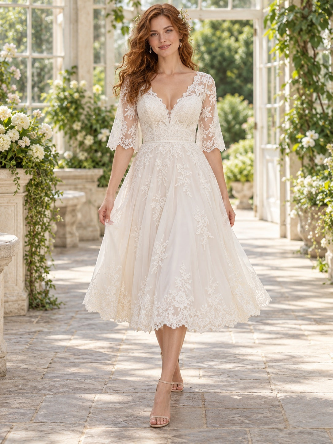 Vestido de novia de encaje y tul en marfil, de inspiración vintage, línea A, escote en V y festoneado, media manga y largo a media pierna