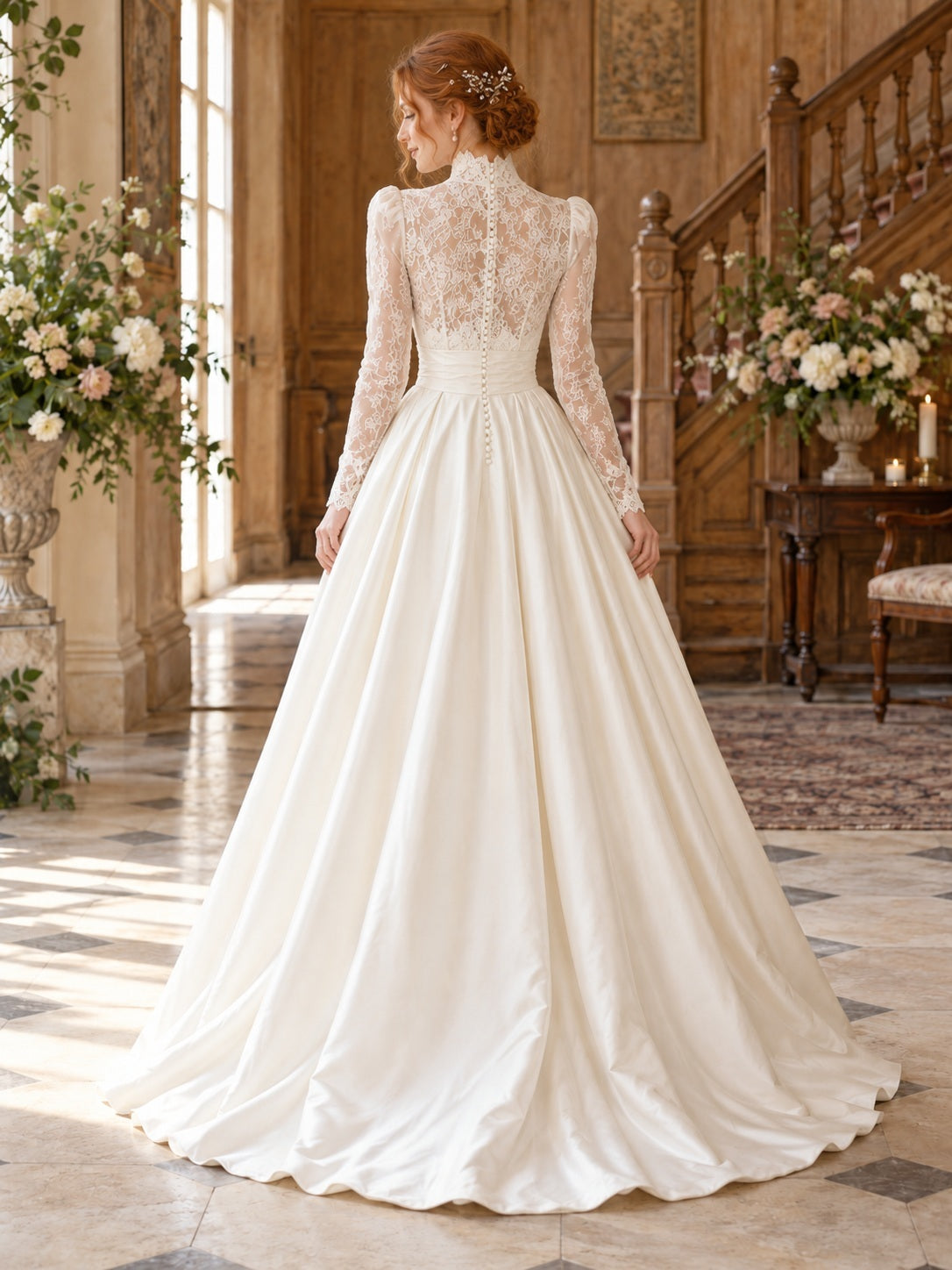 Langärmliges, A-linienförmiges Brautkleid aus Satin mit hohem Kragen, romantischer floraler Spitze und Falten