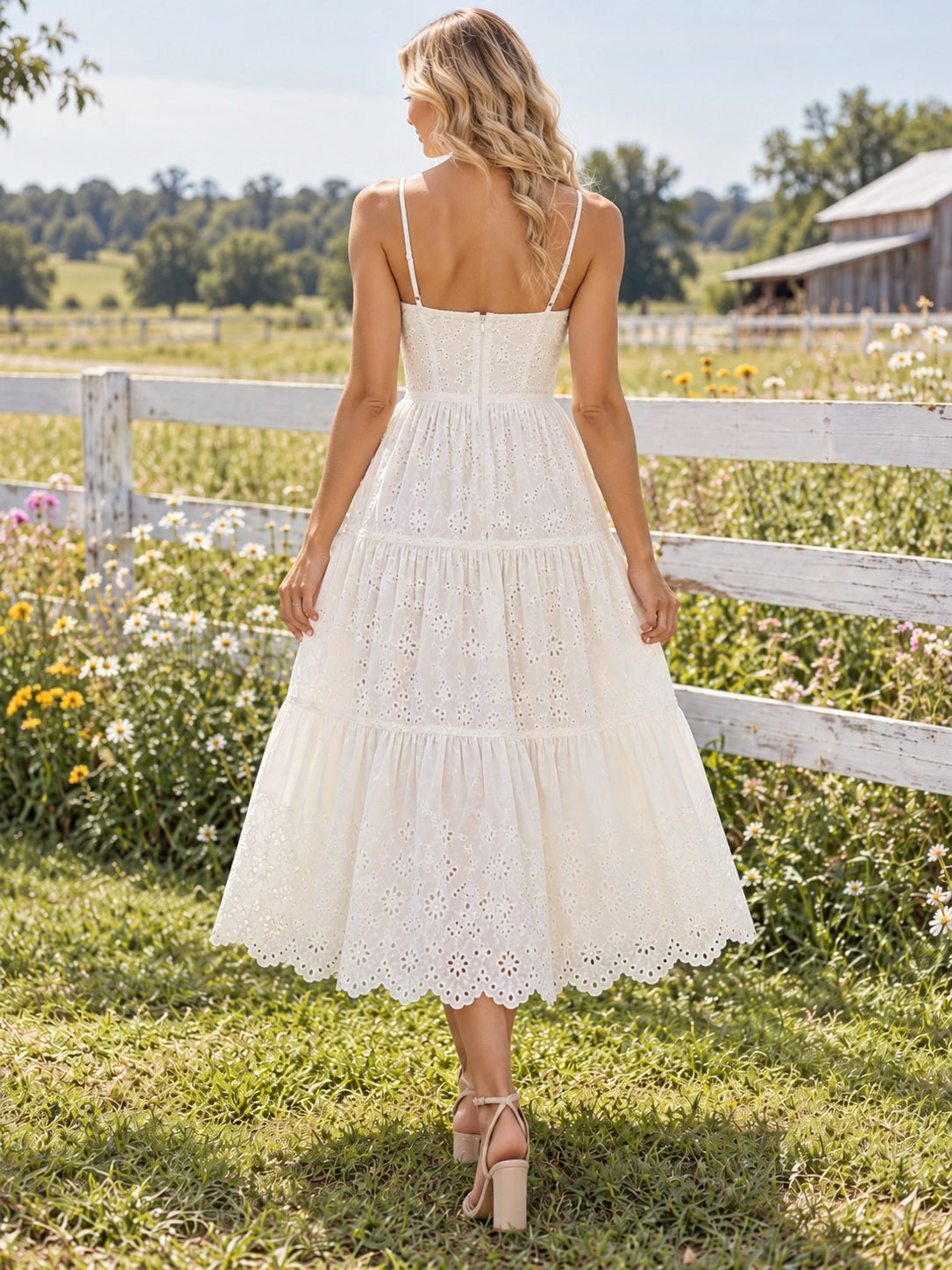 Tea-length Country Sweetheart Spaghetti Scalloped Cotton Eyelet Tiered A-line Wedding Dress — back view
