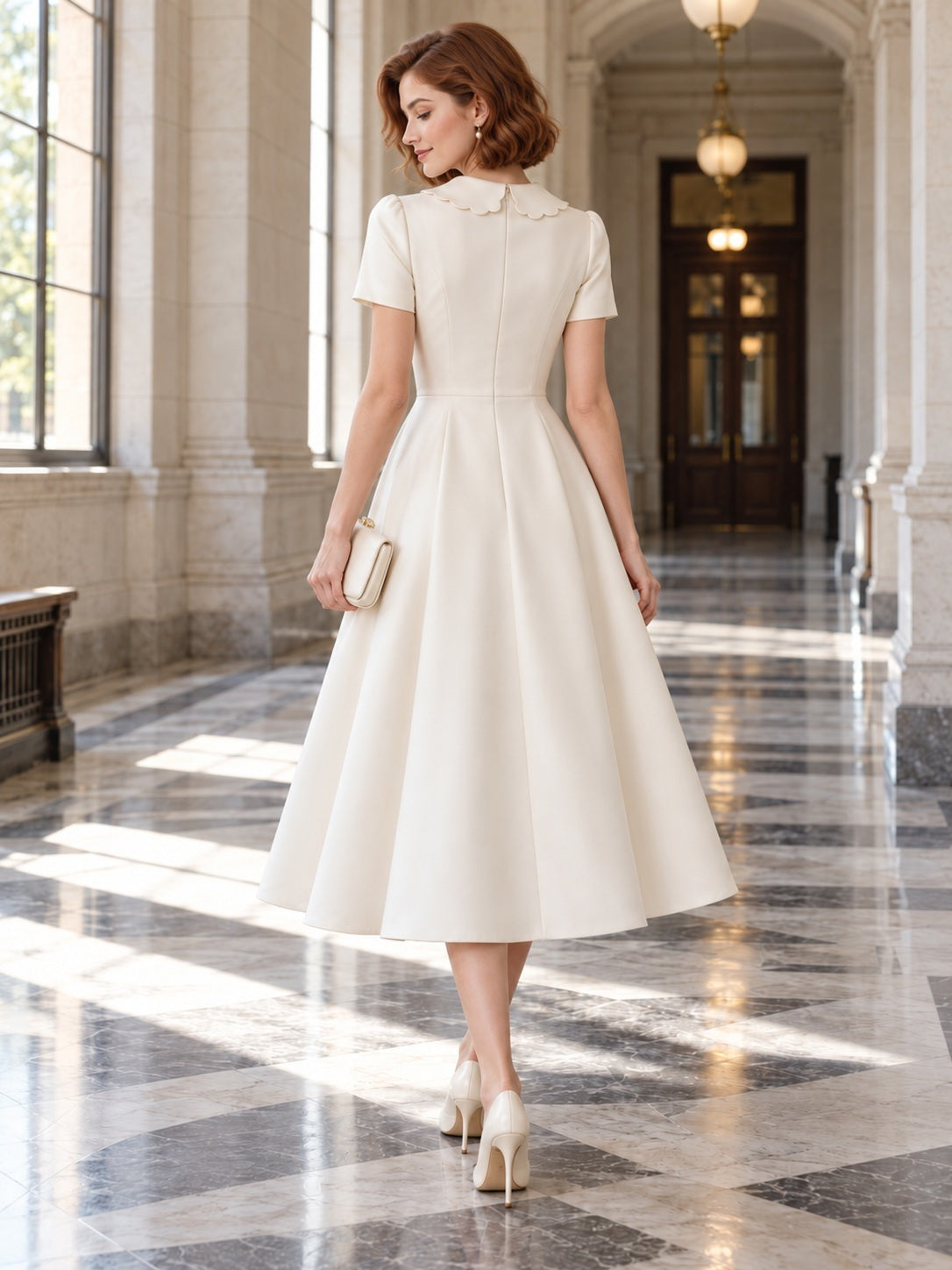 Tea-length Vintage Courthouse Short Sleeve Scalloped Collar Smooth A-line Wedding Dress — back view