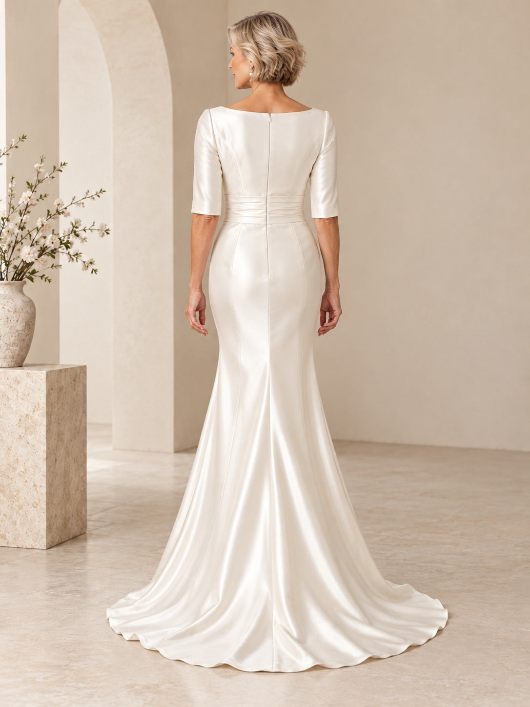 Simple Modest Older Brides Bateau Elbow Sleeve Ruched Satin Sheath Wedding Gown — back view