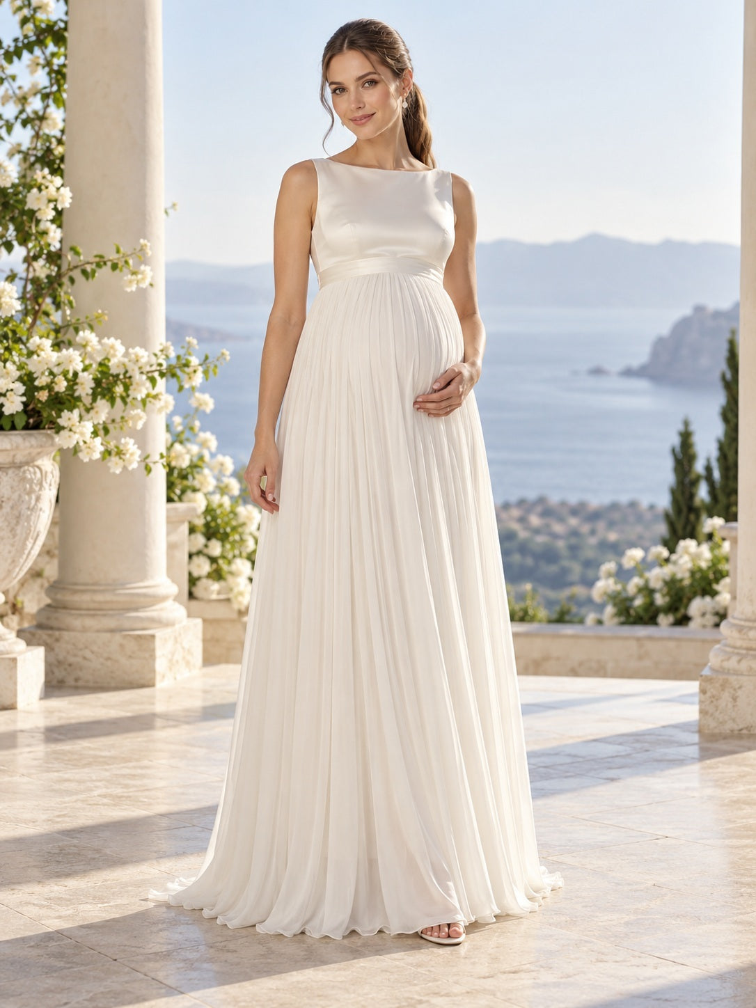 Schlichtes, dezentes, ärmelloses Umstehkragen-Brautkleid aus Satin und Chiffon mit Empire-Linie und Falten, geeignet für Schwangere