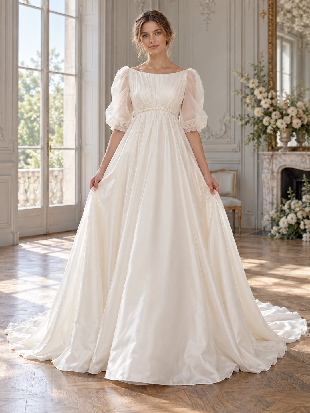 Vestido de novia de satén y organza en marfil, corte imperio, escote barco, media manga y cola corta