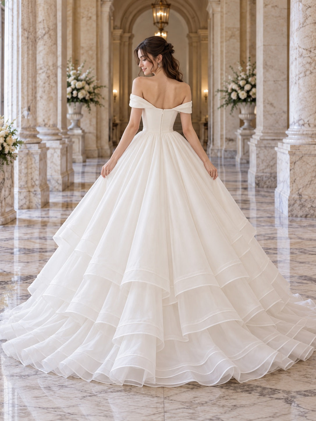 Off Shoulder Tiered Organza Full Sculpted Ball Gown Train Wedding Dress — back view