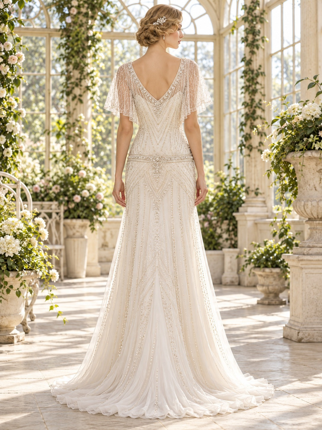 Vintage-Brautkleid im Stil der 1920er-Jahre aus Chiffon mit V-Ausschnitt, Schmetterlingsärmeln, geometrischer Perlenstickerei
