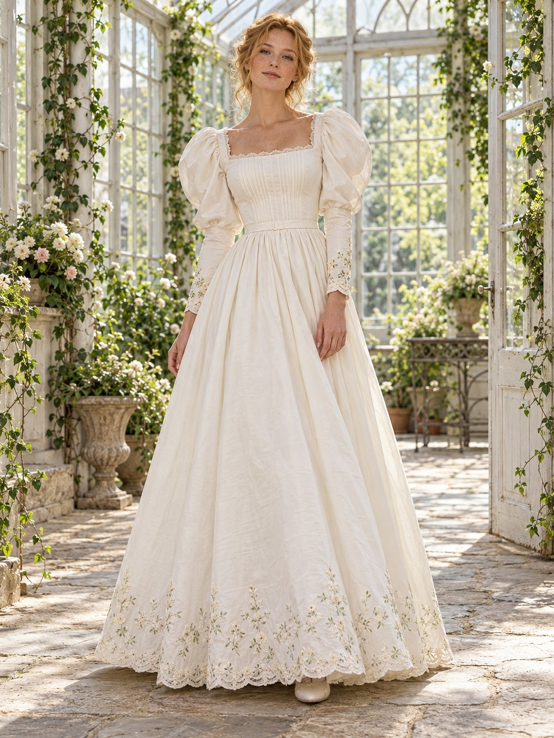 Vintage Square Neck Long Sleeve Pintuck Floral Border Bridal Wedding Dress — front view
