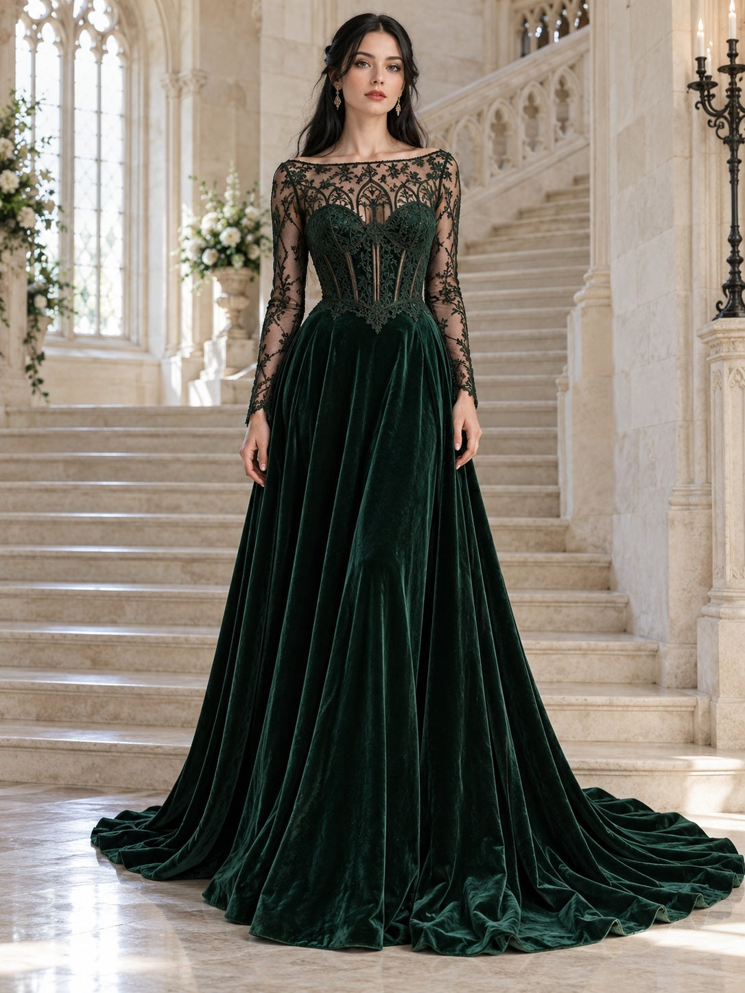 Hochzeitskleid im Gothic-Stil mit langen Ärmeln, U-Boot-Ausschnitt, dunkelgrüner Spitze, Samt und Schleppe