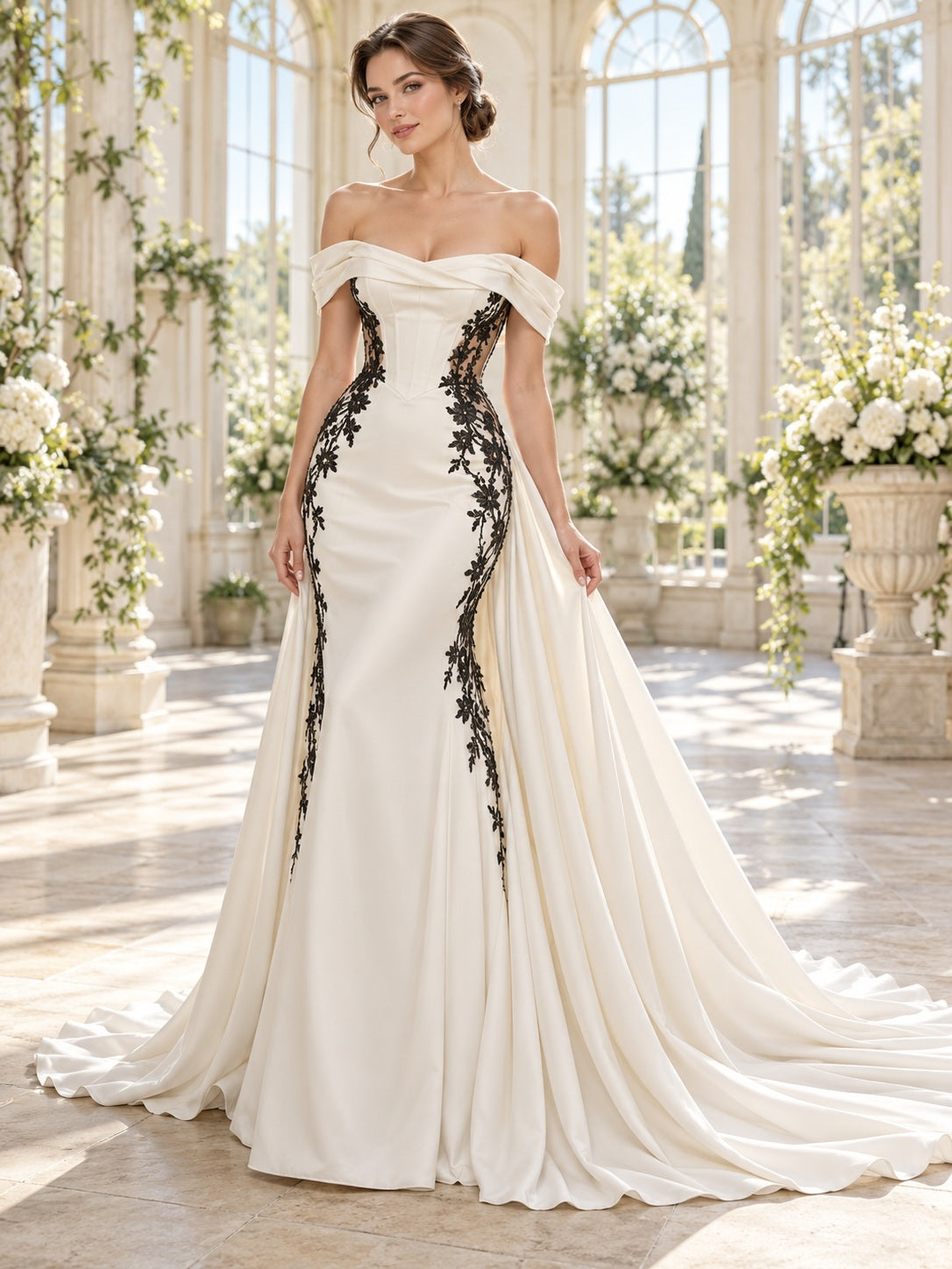 Black Off Shoulder Lace Inset Satin Pleated Train Bridal Wedding Dress — front view