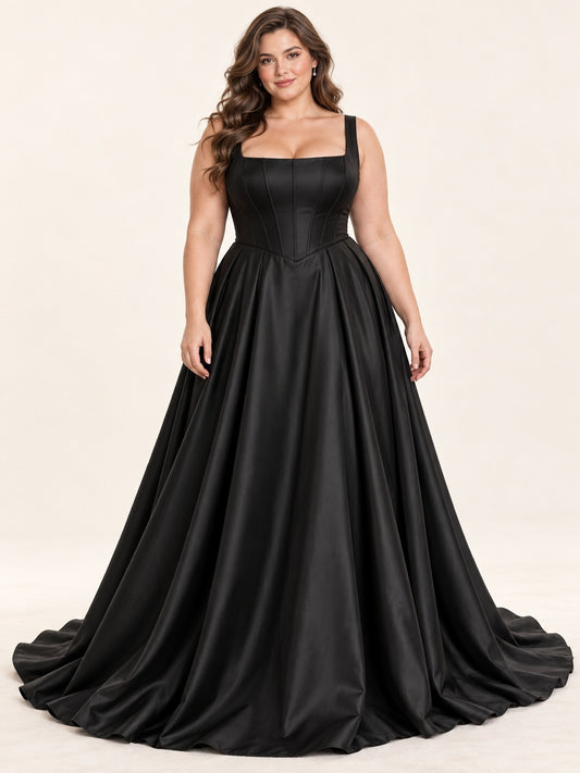 Robe de mariée grande taille noire en satin, à encolure carrée, sans manches, avec taille basque et longue traîne, au style épuré