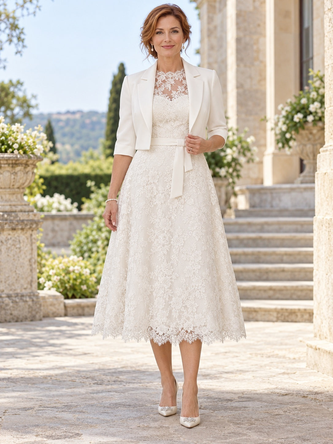 Robe de mariée mi-longue deux pièces sobre en crêpe avec veste à revers, dentelle fleurie et ceinture