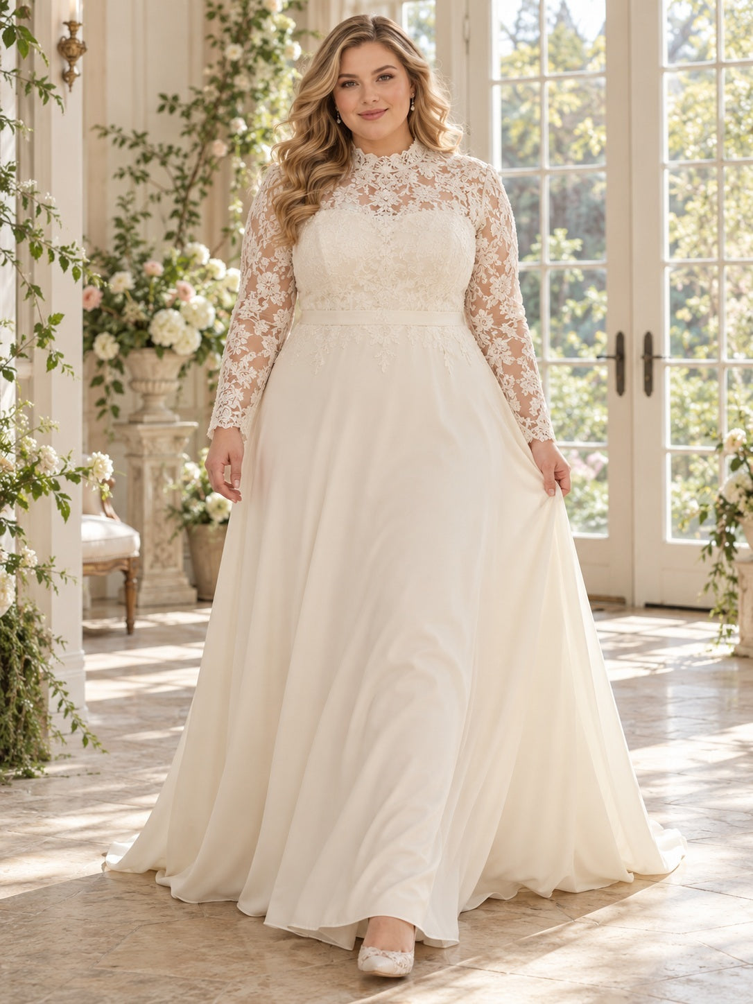 Vestido de novia en talla grande de encaje y gasa en marfil, línea A, cuello alto, manga larga y cola corta