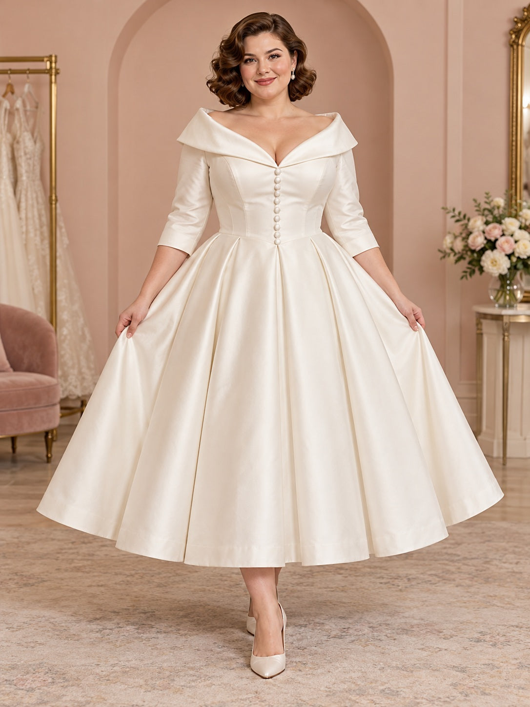 Vestido de novia en talla grande de satén en marfil, de inspiración vintage, línea A, hombros descubiertos, manga tres cuartos y largo a media pierna