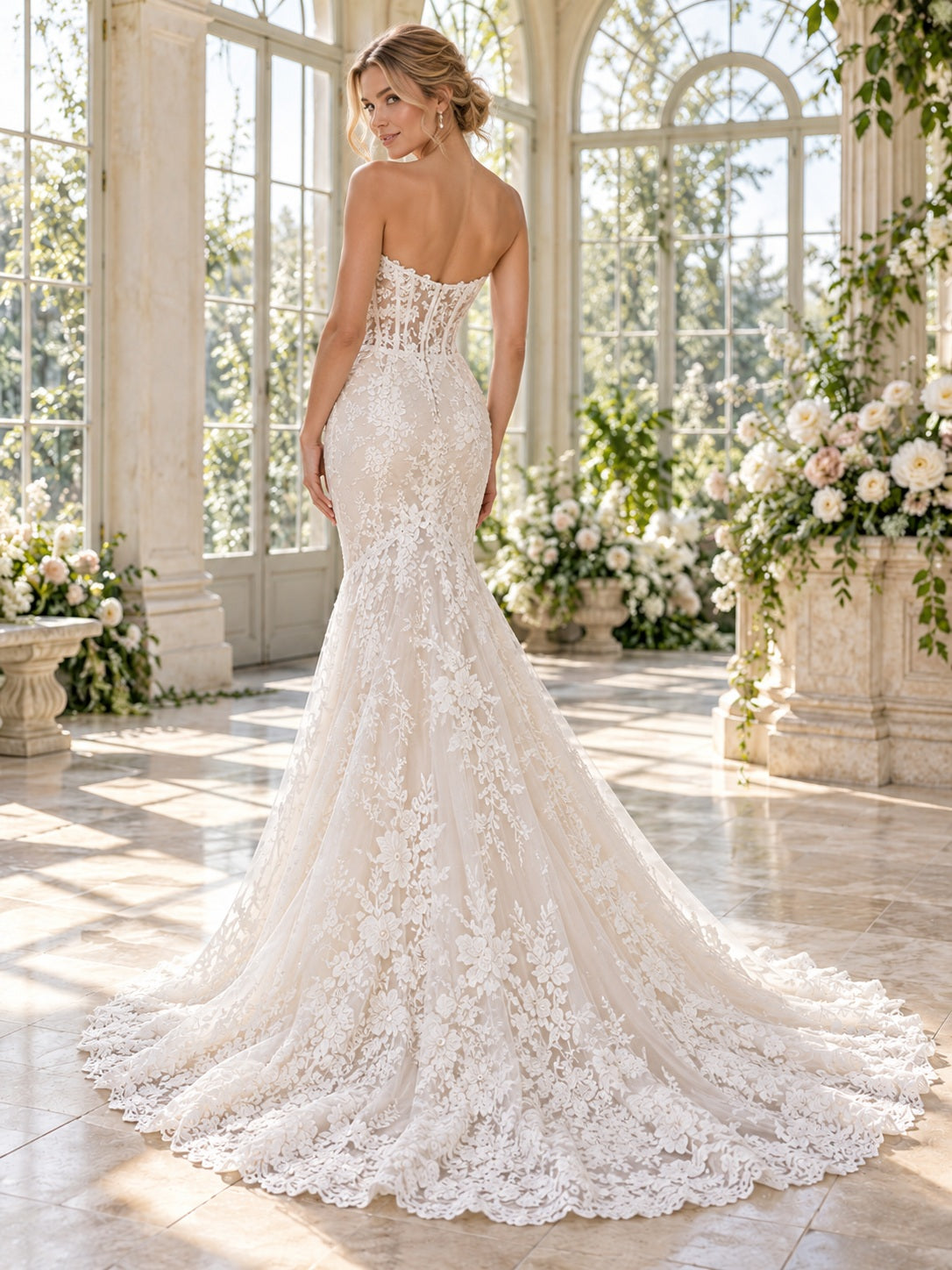 Mermaid Strapless Sweetheart Floral Lace Fitted Scalloped Chapel Train Romantic Wedding Dress — image 2, style 746841