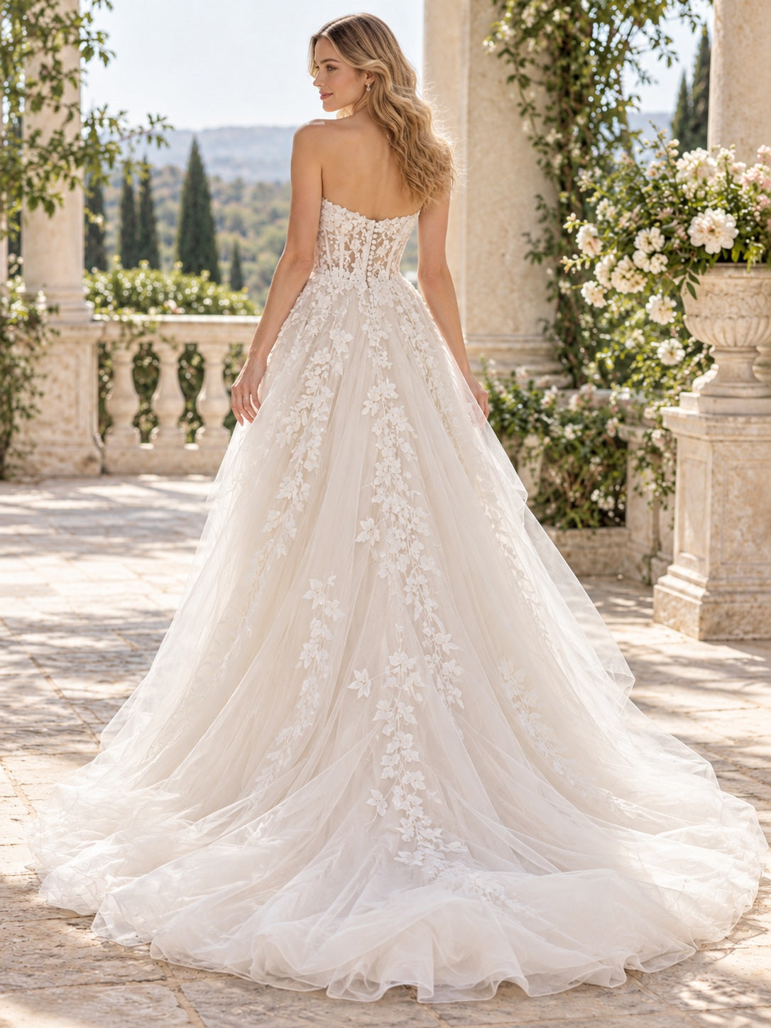 Strapless Sweetheart Leaf Lace Fitted Full Tulle A Line Court Train Wedding Dress — image 2, style 746844
