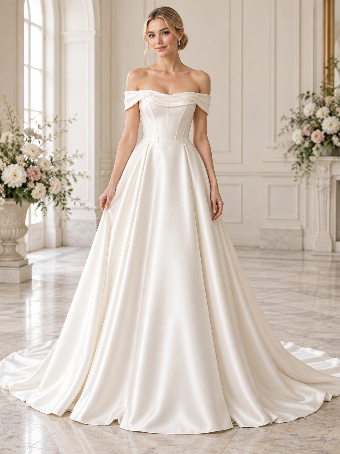 Simple Off Shoulder Satin Draped Fitted Full A Line Court Train Wedding Dress — image 1, style 746845