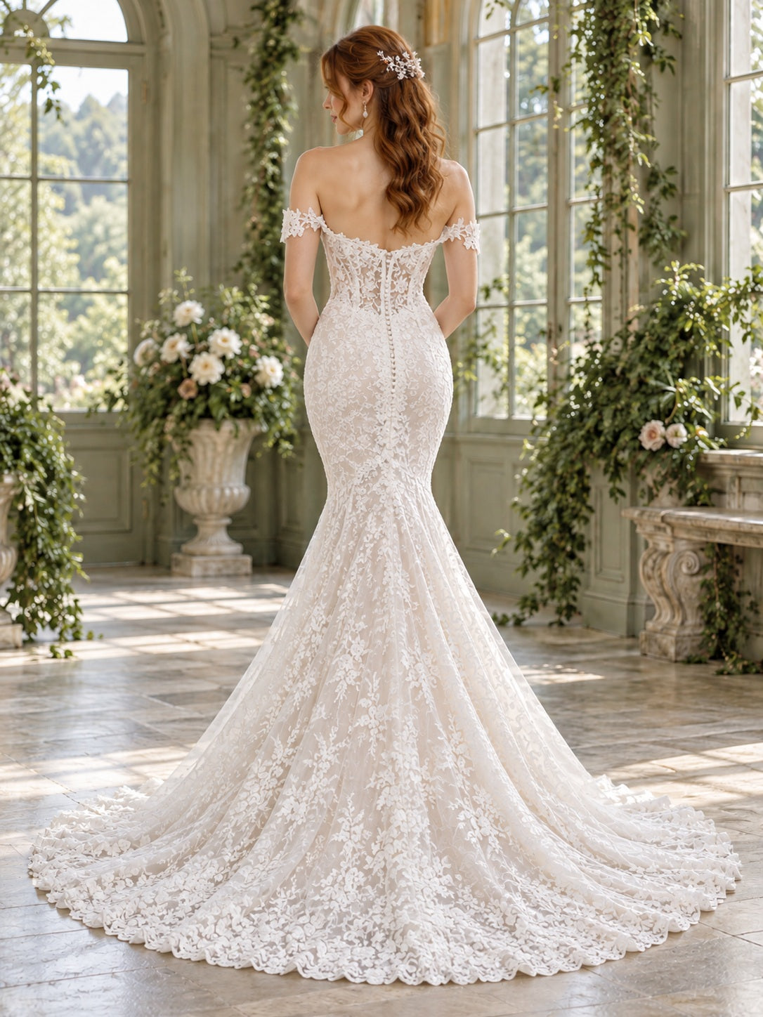 Robe de mariée sirène à épaules dénudées, corsage cœur en dentelle florale, coupe ajustée, bord festonné et traîne chapelle