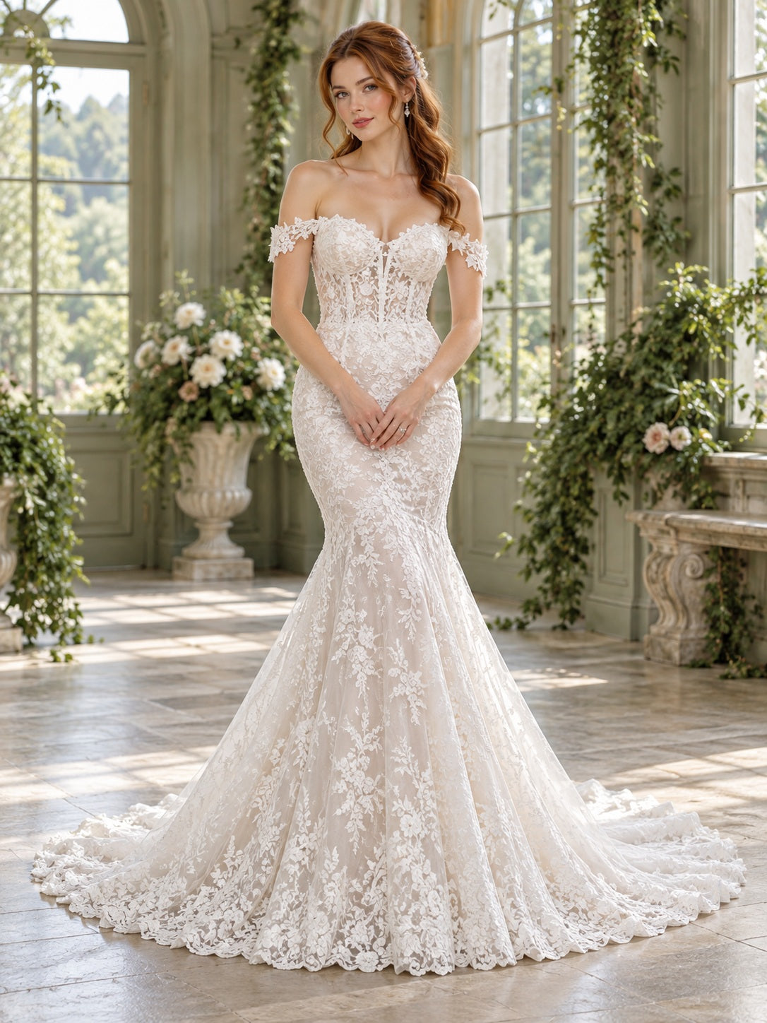 Robe de mariée sirène à épaules dénudées, corsage cœur en dentelle florale, coupe ajustée, bord festonné et traîne chapelle