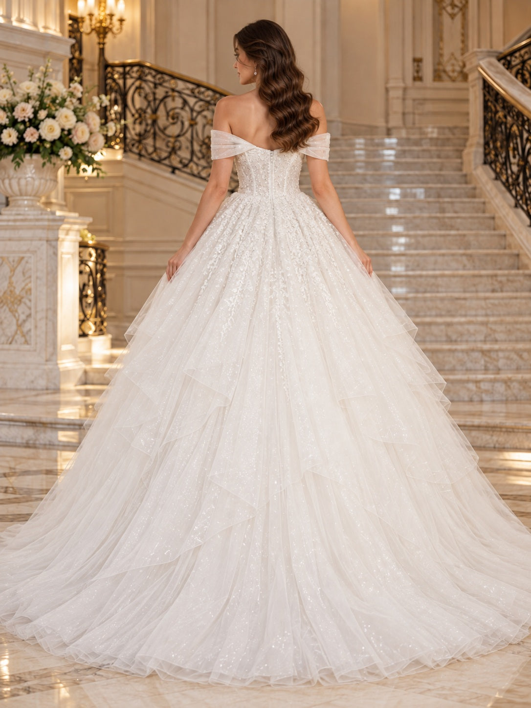 Robe de mariée de chapelle bustier en dentelle perlée, tulle superposé, coupe robe de bal