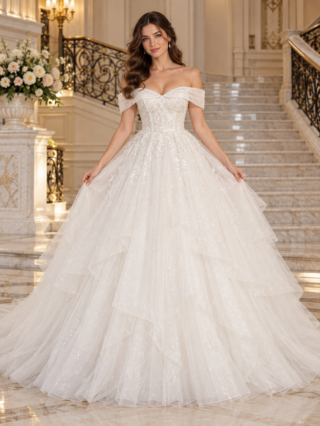 Robe de mariée de chapelle bustier en dentelle perlée, tulle superposé, coupe robe de bal