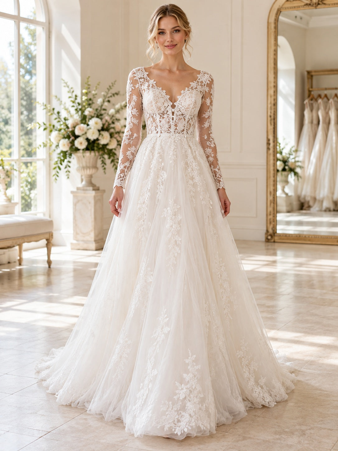 Robe de mariée longue à manches longues en dentelle florale, col en V, entièrement en tulle, coupe trapèze avec traîne