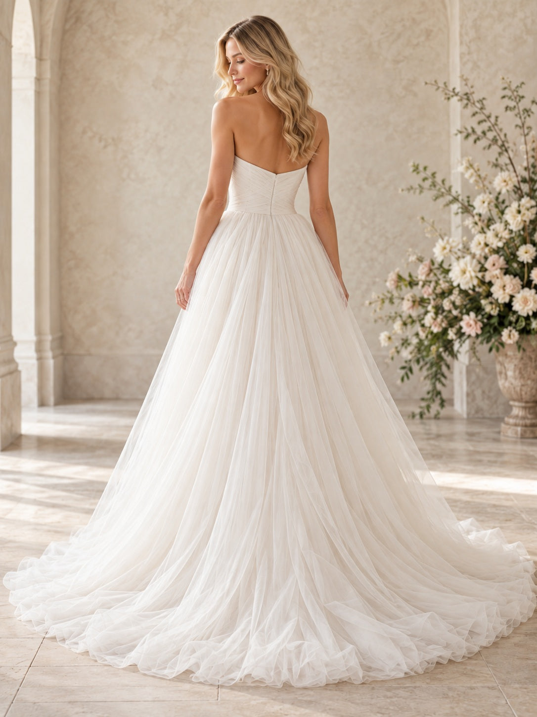Simple Strapless Sweetheart Tulle A-line Bridal Gown with Gathered Bodice Full Skirt and Train — image 2, style 746910