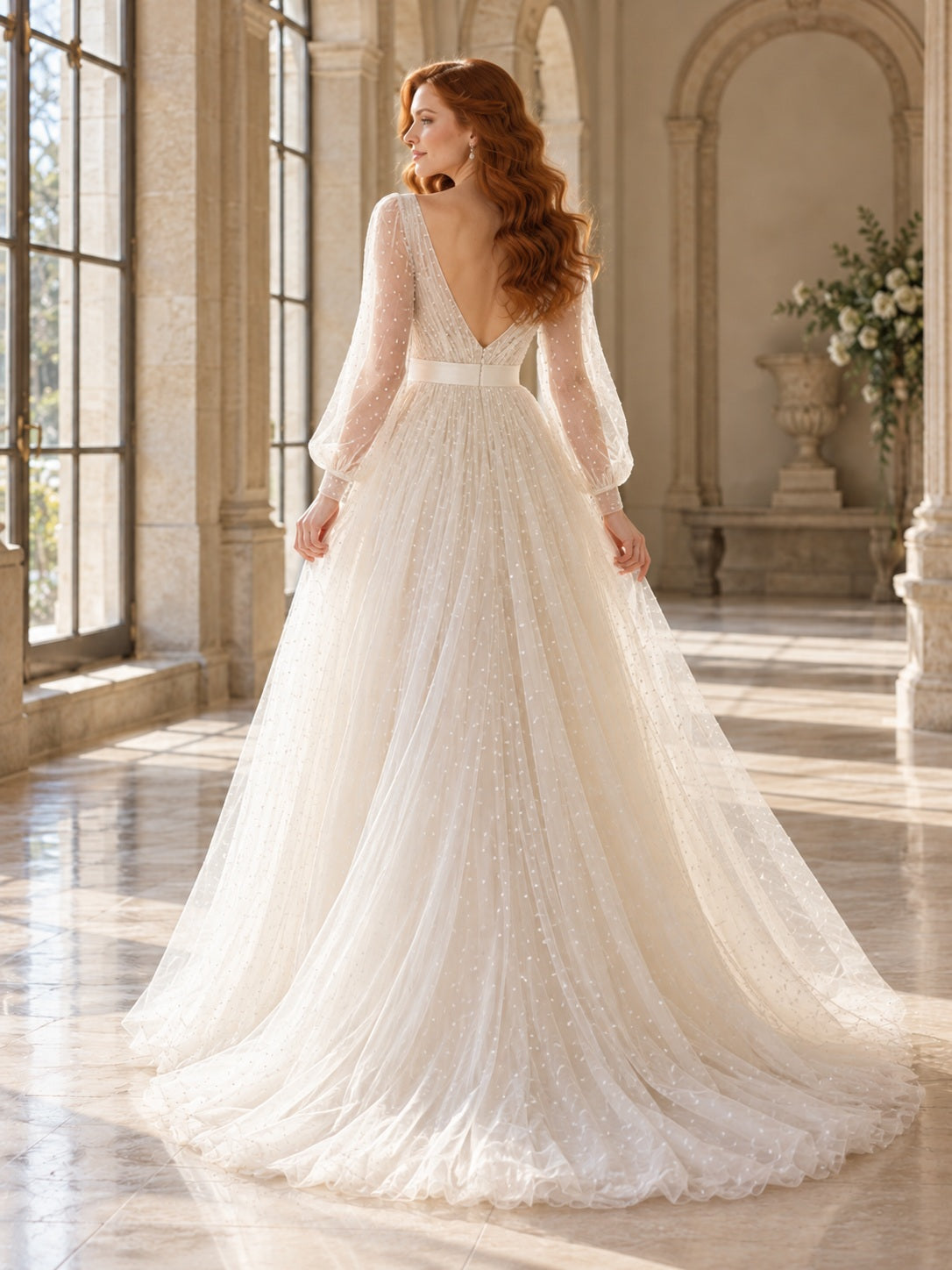 Vestido de novia de tul y satén en marfil, línea A, escote en V, manga larga y cola corta