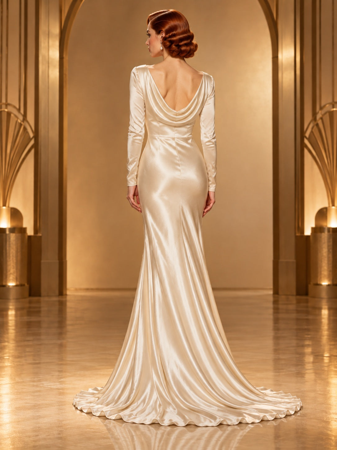 Vestido de novia de satén en champán, de inspiración vintage, corte recto, escote drapeado, manga larga y cola corta