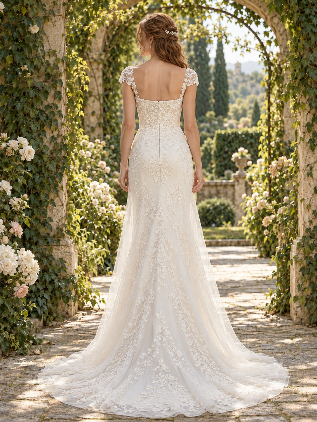 Square Neck Mermaid Cap Sleeve Floral Lace Garden Bridal Gown with Low Back and Train — image 2, style 746936
