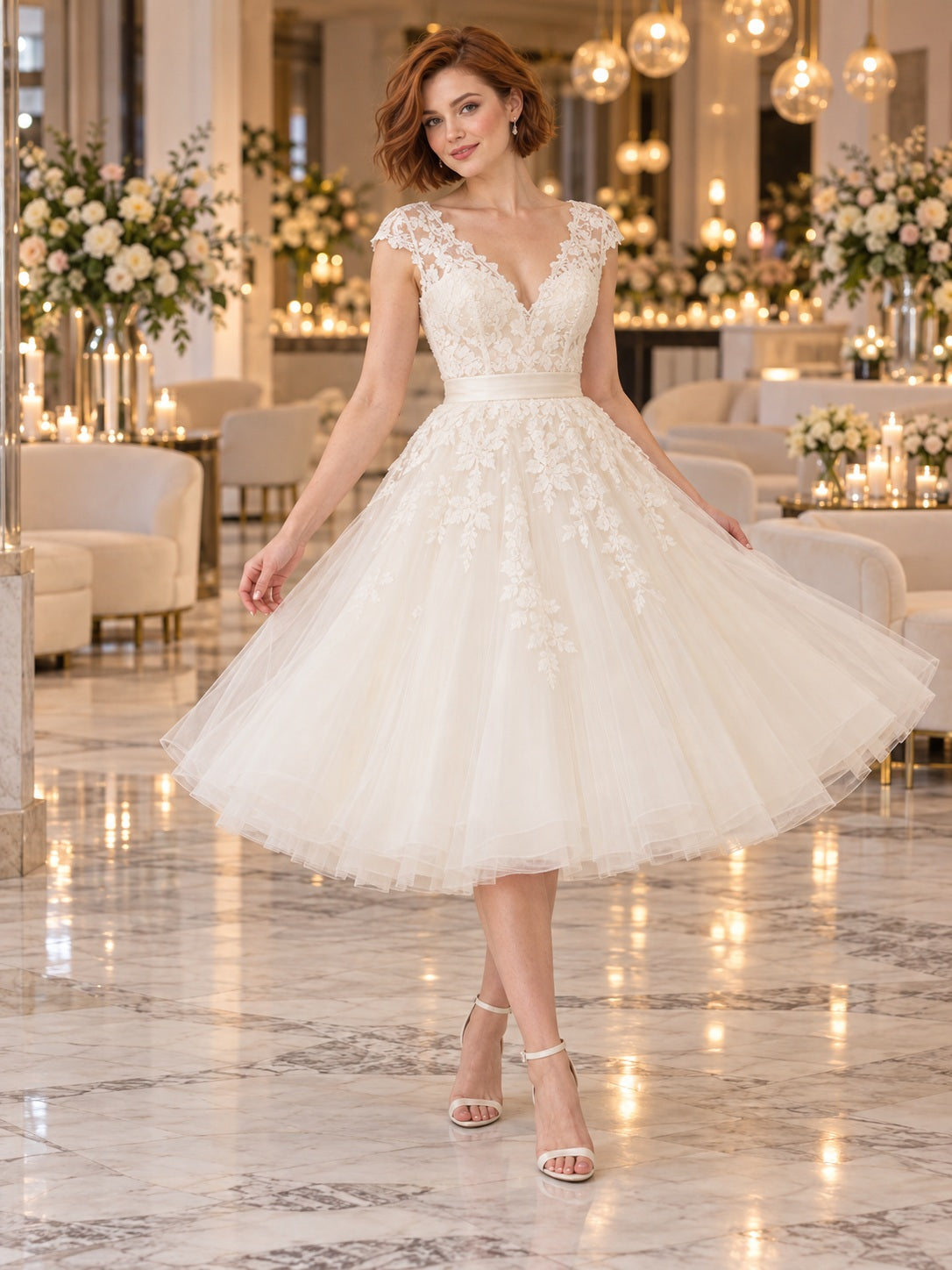 Vestido de novia de tul y encaje en marfil, línea A, escote en V, manga corta y largo a media pierna
