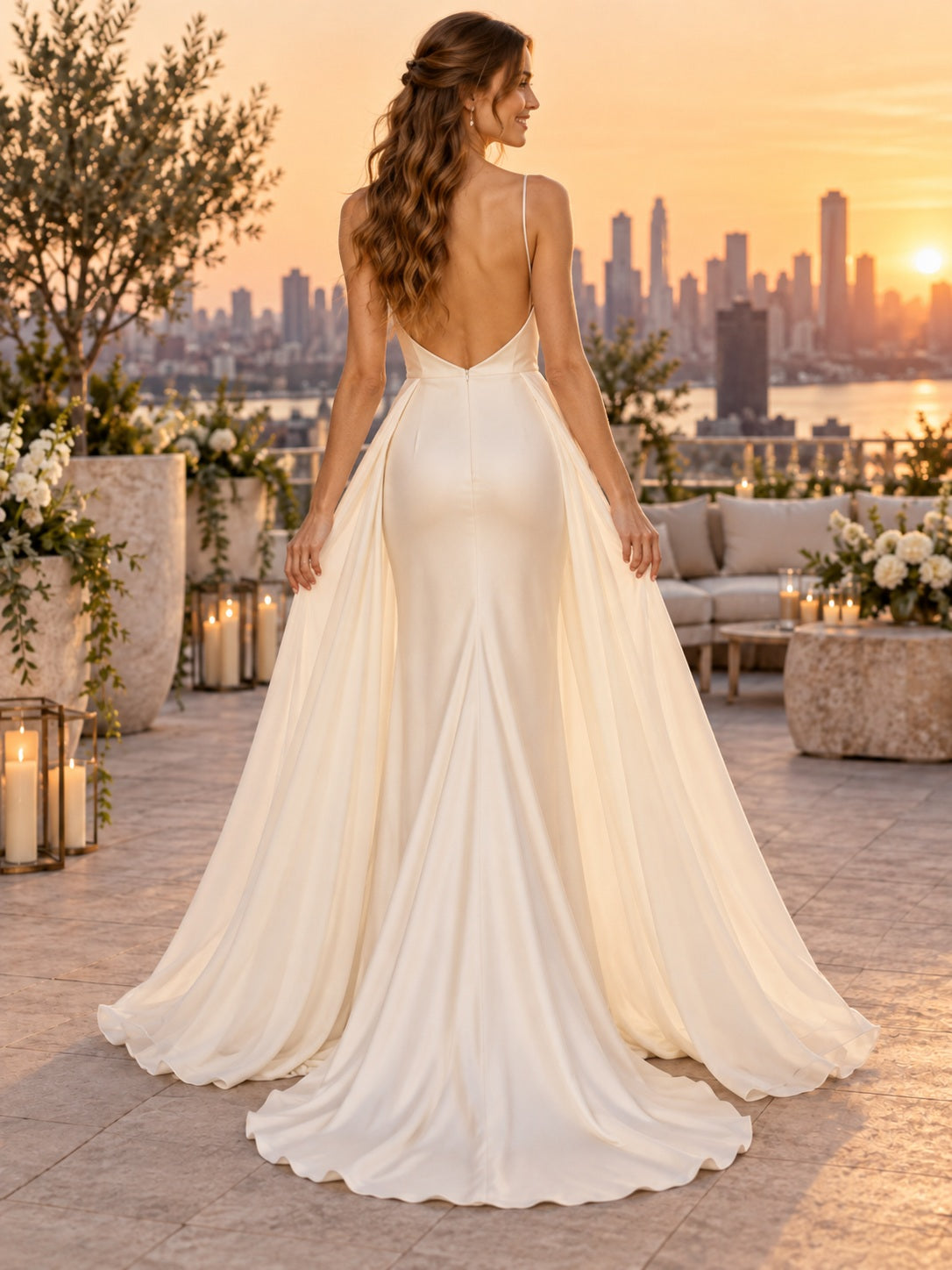 Vestido de novia de satén en marfil, línea A, escote drapeado, sin mangas y cola corta