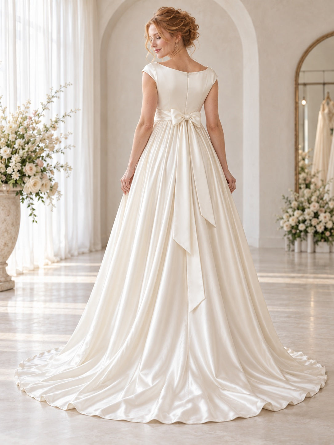 Maternity Simple Bateau Cap Sleeve Empire Satin A-line Bridal Gown with Bow Waist and Train — image 2, style 746979